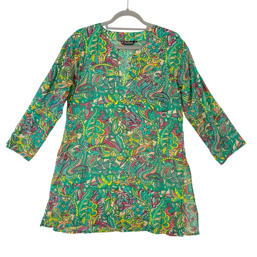 Kikisol‎ Tunic Womens Small Green Tropical 100% Cotton Beachy Boho Vacation